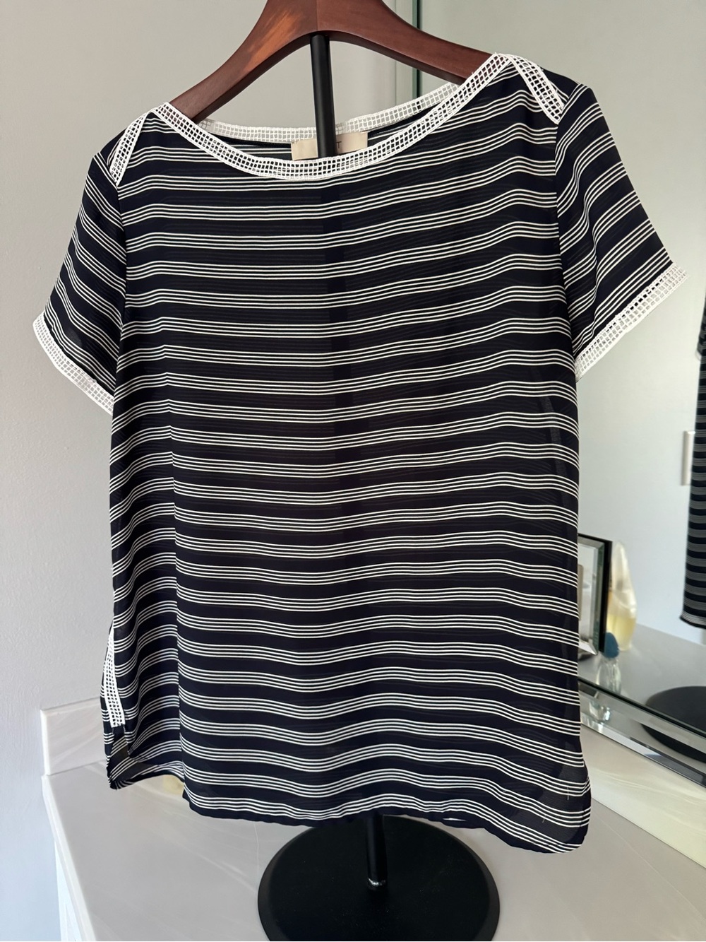 Loft Navy and White Striped Short-Sleeve Top with Crochet Trim US Small